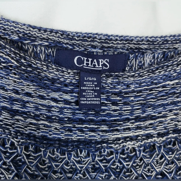 Chaps Womens Scoop Neck Cap Sleeve Blue White 100% Cotton Knit Crochet Top Sz L - Picture 2 of 6